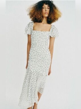 Zara White Midi Dress with Black Polka Dots